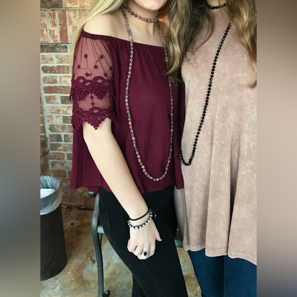 Burgundy Sheer Lace Off-the-shoulder Blouse Size Small - Picture 12 of 12